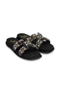 Sandali neri con doppie cinghie decorate da strass, caratterizzati da una morbida texture in suede e suola piatta. Logo "Alma Blue" in oro.