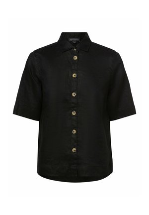 Black short-sleeve button-up shirt made of textured fabric, featuring a classic collar and gold-tone buttons along the front.