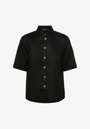Black short-sleeve button-up shirt made of textured fabric, featuring a classic collar and gold-tone buttons along the front.
