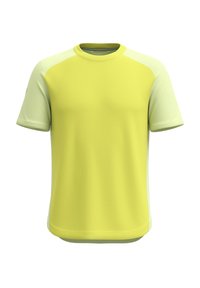 Kortærmet t-shirt i klar gul, med en glat hoveddel og strukturerede lysgrønne accenter på skuldrene. Rund halsudskæring.