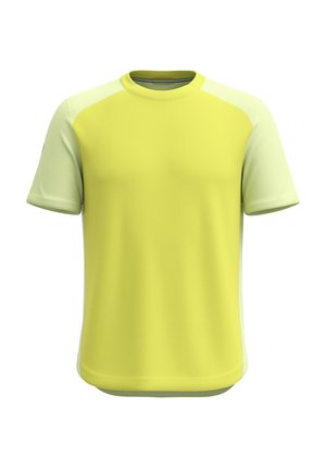 Short-sleeve t-shirt in bright yellow, featuring a smooth main body and textured light green accents on shoulders. Round neckline.
