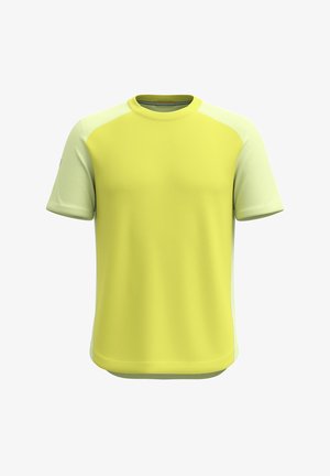Short-sleeve t-shirt in bright yellow, featuring a smooth main body and textured light green accents on shoulders. Round neckline.
