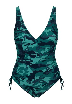 Maillot de bain une pièce avec un profond décolleté en V, motif camouflage bleu-vert et liens latéraux réglables.