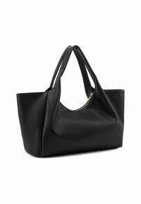 Borsa tote in ecopelle nera con finitura liscia, corpo ampio, due manici e dettaglio di cerniera dorata lungo l'apertura superiore.