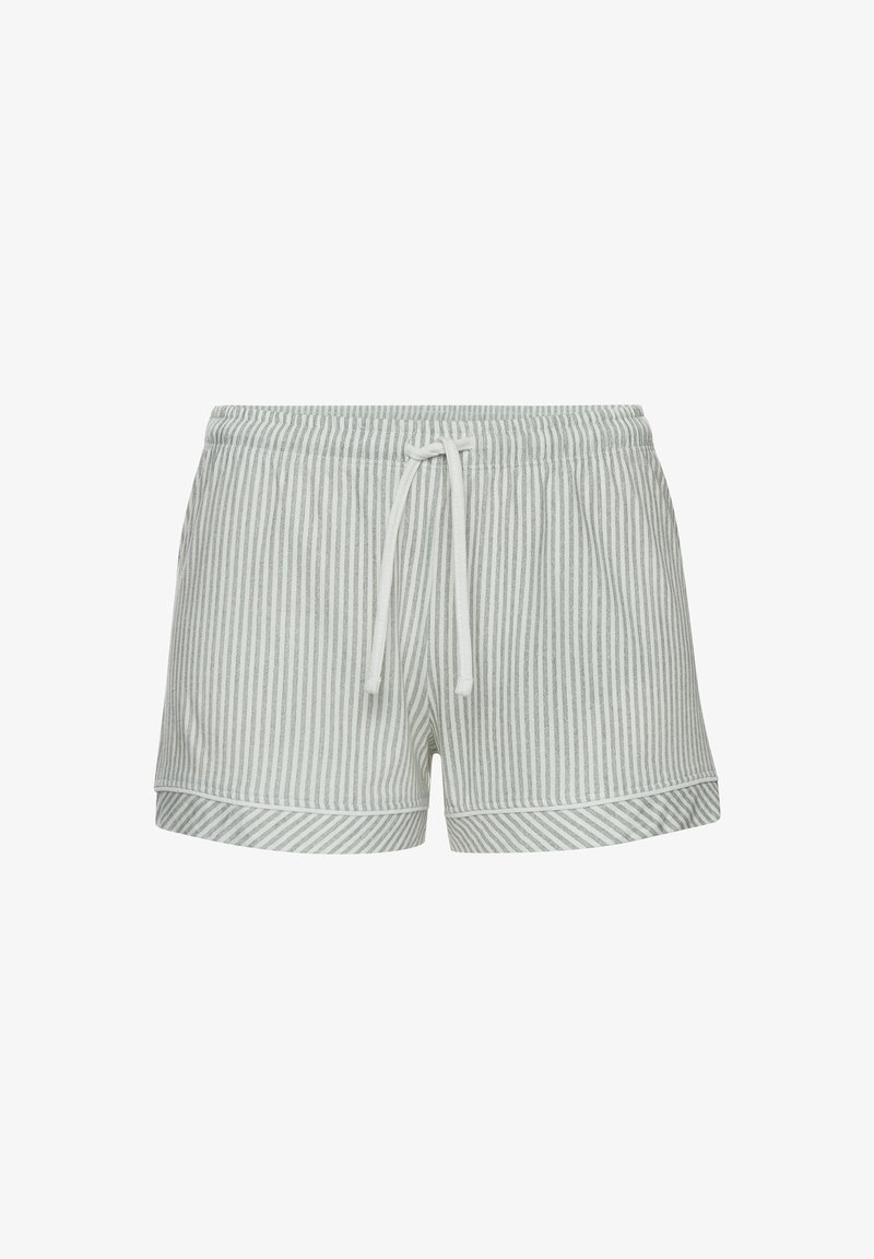 Svijetlozelene i bijele prugaste hlače s elastičnom gumom u struku i vezicom, s preklopom na rubovima i mekim pamučnim materijalom.