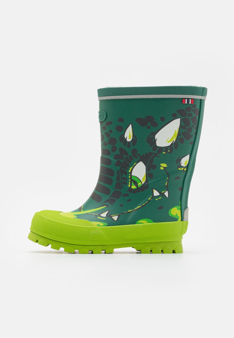 Botte de pluie en caoutchouc verte avec un motif de dragon, surface texturée, semelle verte vif et détails complexes, y compris des crocs et des yeux.