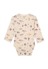 Langärmliger Baby-Body in hellbeige mit verschiedenen Pilzmusterungen in Lila und Orange. Verfügt über Druckknöpfe an der Schulter und im Schritt.