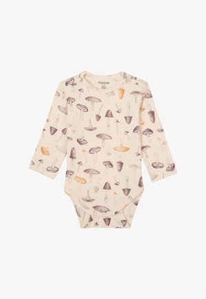 Langärmliger Baby-Body in hellbeige mit verschiedenen Pilzmusterungen in Lila und Orange. Verfügt über Druckknöpfe an der Schulter und im Schritt.