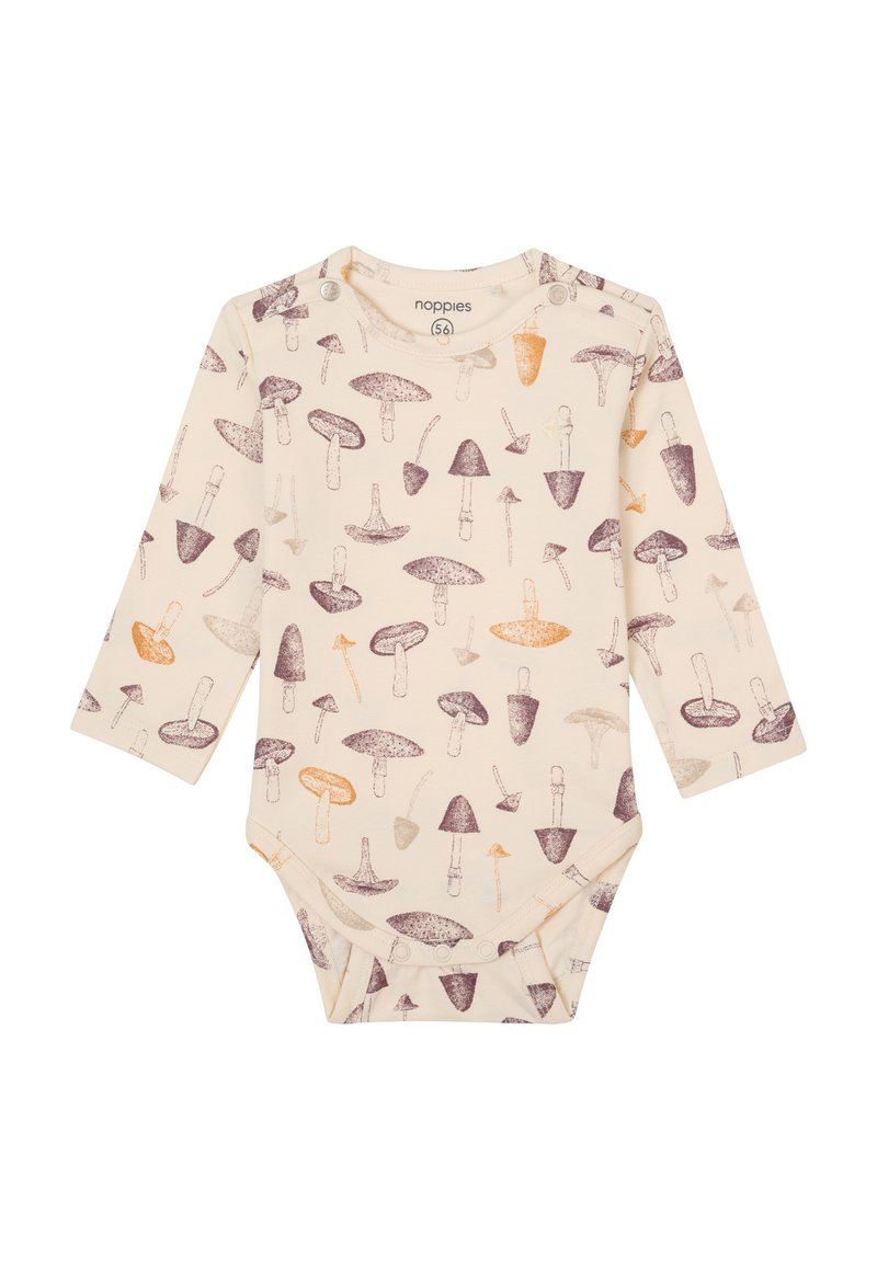 Langärmliger Baby-Body in hellbeige mit verschiedenen Pilzmusterungen in Lila und Orange. Verfügt über Druckknöpfe an der Schulter und im Schritt.