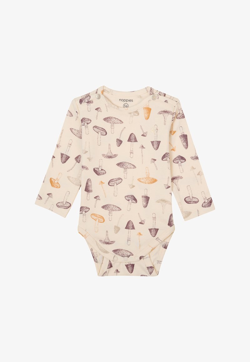 Body pour bébé à manches longues de couleur beige clair avec divers motifs de champignons en violet et orange. Dispose de boutons-pression aux épaules et en bas.