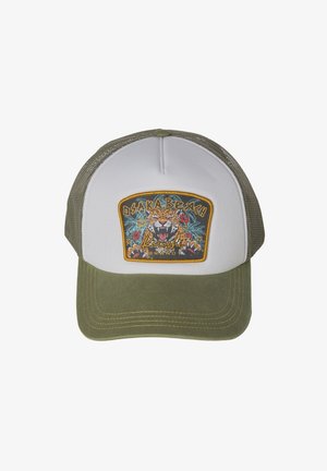 Trucker-Cap mit olivgrünem Schirm und Mesh, weißes Frontpanel mit einem bunten gestickten Jaguar-Patch und dem Schriftzug "Osaka Beach".