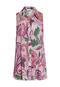 Floral sleeveless blouse in pastel colors. Features a collared neck, button front, and intricate patterns of leaves and flowers in pink and green.