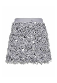 Pelēka, teksturēta mini svārki, izgatavoti no pūkaina diega, rotāti ar izkaisītiem spīguļiem; ar gludu jostasvietu.