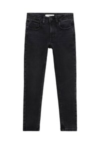 Černé denimové skinny džíny s přiléhavým střihem, obsahující pět kapes a klasické zapínání na knoflíky. Hladká textura s jemnými detaily vyblednutí.