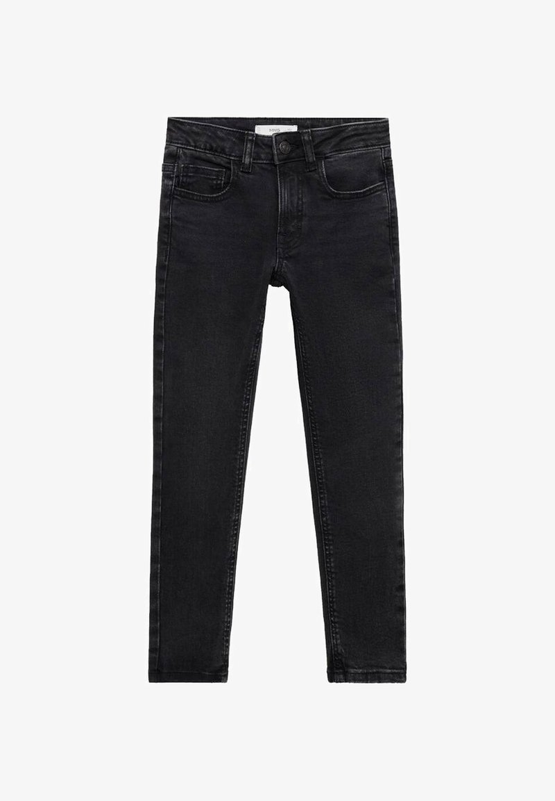 Black denim skinny jeans with a fitted design, featuring five pockets and a classic button closure. Smooth texture with subtle fading details.