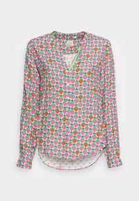 Blusa a maniche lunghe in tessuto leggero caratterizzata da un vivace motivo geometrico con diamanti rosa, verdi e arancioni. Scollo a V e orlo curvo.
