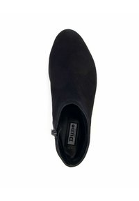 Black suede ankle boot with a round toe, zipper closure, and a smooth texture. Branding visible inside on the insole.