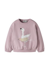 Sudadera rosa claro con cuello redondo, puños elásticos y un diseño decorativo de flamenco bordado en blanco y dorado en el centro.