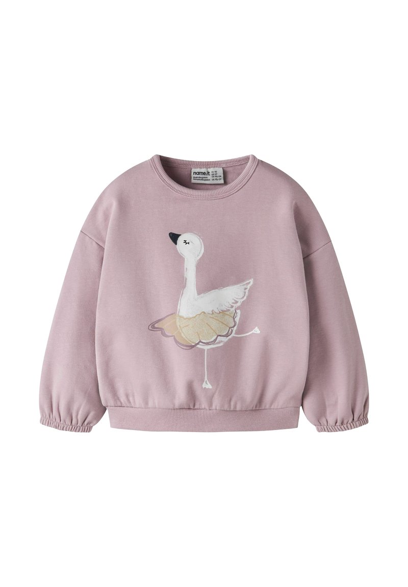 Sudadera rosa claro con cuello redondo, puños elásticos y un diseño decorativo de flamenco bordado en blanco y dorado en el centro.