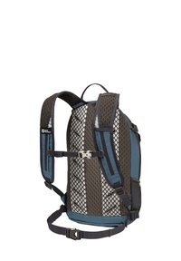 Rugzak met een gaasontwerp, in donkergrijs en blauw, met verstelbare banden en een gesp. Heeft een gestructureerde, ergonomische vorm.
