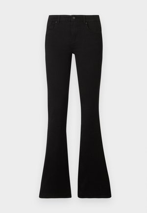 Zwarte flare jeans met een hoge taille, gemaakt van denim. Voorzien van vijf zakken en een enkele knoopsluiting. Soepele textuur.