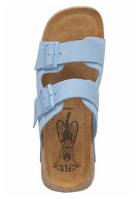 Infradito blu in suede con due cinturini regolabili, plantare in sughero marrone e motivo stampato sulla soletta. Suola piatta con bordi texturizzati.