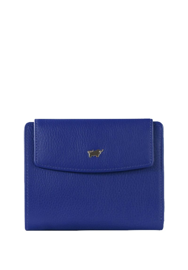 Portafoglio in pelle blu con una finitura testurizzata, caratterizzato da una patta frontale e un piccolo logo di mucca dorato. Forma rettangolare compatta con bordi lisci.