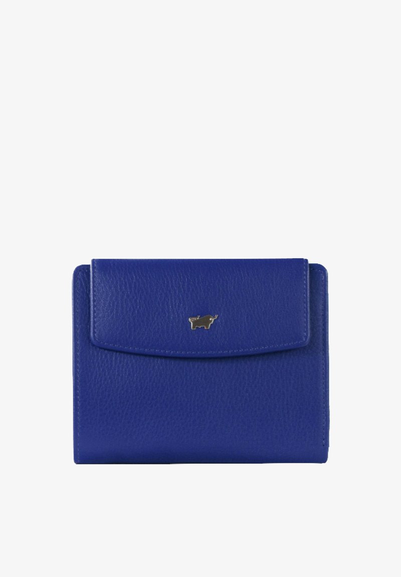 Portafoglio in pelle blu con una finitura testurizzata, caratterizzato da una patta frontale e un piccolo logo di mucca dorato. Forma rettangolare compatta con bordi lisci.