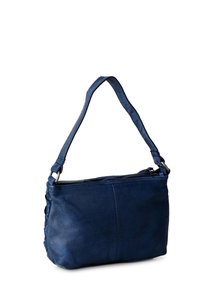 Mörkblå konstläderhandväska med dragkedjestängning, en enkel axelrem och texturerad sidodekoration. Rektangulär form med en slät yta.