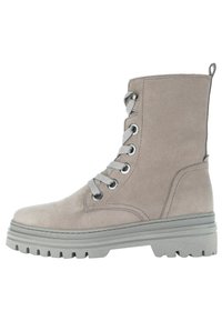 Gray suede ankle boot with metal eyelets, flat laces, and a chunky rubber sole. Features a pull tab at the top for easy wear.
