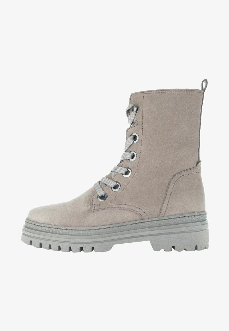 Gray suede ankle boot with metal eyelets, flat laces, and a chunky rubber sole. Features a pull tab at the top for easy wear.