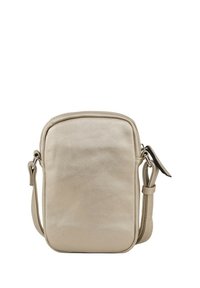 Beige Umhängetasche aus glattem Synthetikmaterial. Sie hat eine rechteckige Form, einen Reißverschluss und einen verstellbaren Tragegurt.