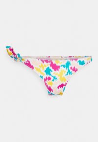 Parte inferior de bikini multicolor com um padrão em zigzag nas cores rosa, amarelo e turquesa. Inclui um detalhe de nó lateral. Material suave, design de cintura baixa.