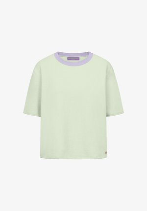 Lichtgroen T-shirt met korte mouwen en een losse pasvorm, afgewerkt met een lavendelkleurige boord rond de hals, met een klein rond logo vlak bij de zoom.
