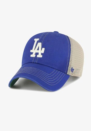 Blå baseballcaps med en hvit brodert "LA"-logo. Har en solid front og en beige nettingbakside, med kontrasterende sømm.