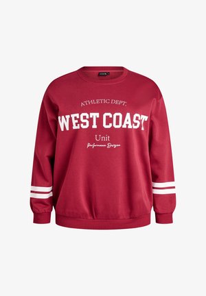 Punane puuvillasegist töötlus, millel on valge tekst "WEST COAST" ja triibud varrukatel, ümmargune kaelus ja vabalt istuv lõige.