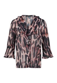 Blouse transparente à manches longues dans un imprimé animal rose et noir. Dispose d'un col à volants et de poignets évasés, en tissu léger avec un design fluide.