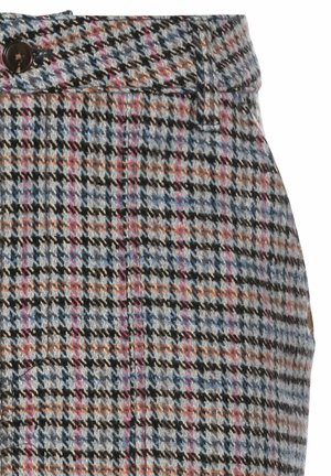 Rock aus Wollmischung mit einem mehrfarbigen Hahnentrittmuster in Blau, Schwarz, Orange und Pink, mit einer Knopfverschlusseinstellung an der Taille.