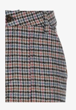 Rock aus Wollmischung mit einem mehrfarbigen Hahnentrittmuster in Blau, Schwarz, Orange und Pink, mit einer Knopfverschlusseinstellung an der Taille.