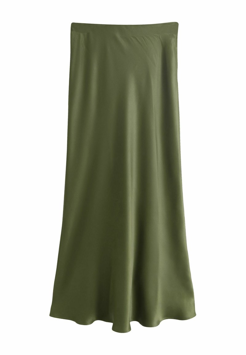 Jupe midi vert olive en tissu lisse et léger, présentant une forme trapèze et un léger éclat sans coutures ni motifs visibles.