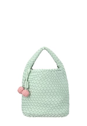 Mint green woven handbag with braided handle, featuring two pink knotted decorative tassels hanging from the side.