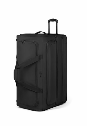 Sac de voyage noir à roulettes de forme rectangulaire, en tissu durable, doté de doubles zips et de poignées latérales pour un transport facile. Présente un design minimaliste.
