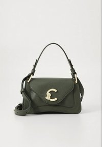 Green leather handbag with a structured shape, gold hardware, a front flap, and a top handle; includes an adjustable shoulder strap.