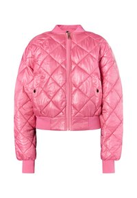 Giacca bomber trapuntata di un brillante rosa brillante, con zip frontale, polsini e orlo a costine, e tasche laterali con dettagli neri rotondi.