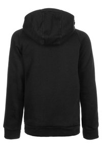 Felpa nera con cappuccio, dal texture morbido, maniche lunghe e polsini e orlo a costine. Presenta un design semplice e senza decorazioni.