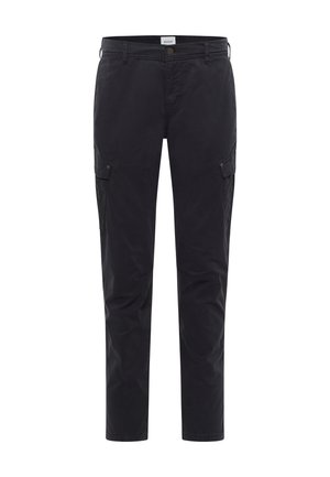 Schwarze Cargo-Hosen mit glatter Textur, ausgestattet mit zwei Seitentaschen und einem Knopfverschluss. Gerade Bein-Design mit Gürtelschlaufen.