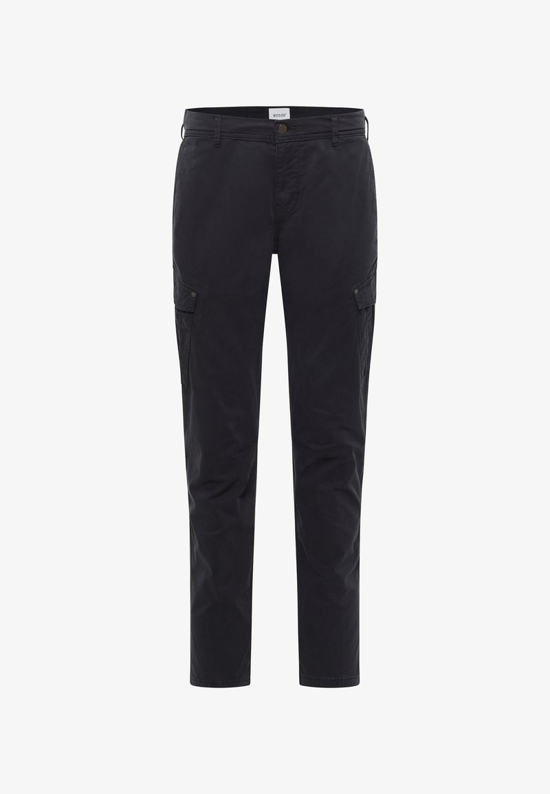 Black cargo pants with a smooth texture, featuring two side pockets and a button closure. Straight-leg design with belt loops.