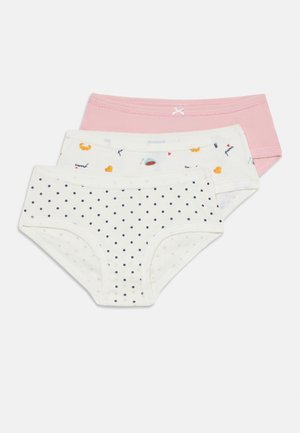 Drei Paare Mädchenschlüpfer aus Baumwolle: ein pinkfarbener, einer elfenbeinfarben mit bunten Mustern und einer elfenbeinfarben mit marineblauen Punkten. Weiches Material, vollständige Abdeckung.