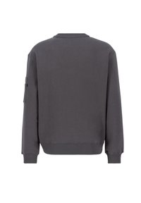 Szürke pulóver kerek nyakkivágással, hosszú ujjakkal, bordázott mandzsettákkal és szegéllyel. Az egyik oldalon, a bal karon van egy zsebe. Simább szövettextúra.