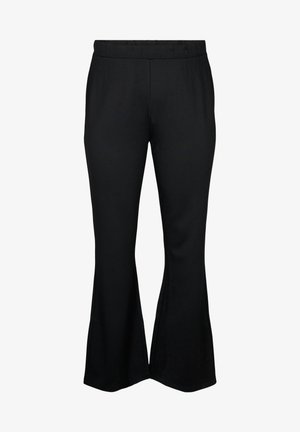 Pantalones acampanados negros hechos de un material suave y elástico. Cuentan con una cinturilla elástica y una textura lisa con un diseño simple.
